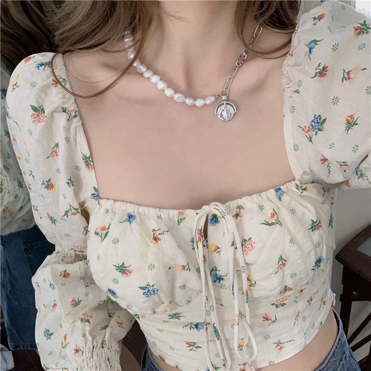 QKOOLE Áo kiểu cổ vuông họa tiết hoa phong cách Hàn Quốc xinh xắn dành cho nữ