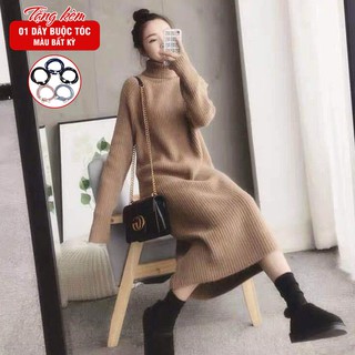 Váy len suông cổ lọ dáng dài