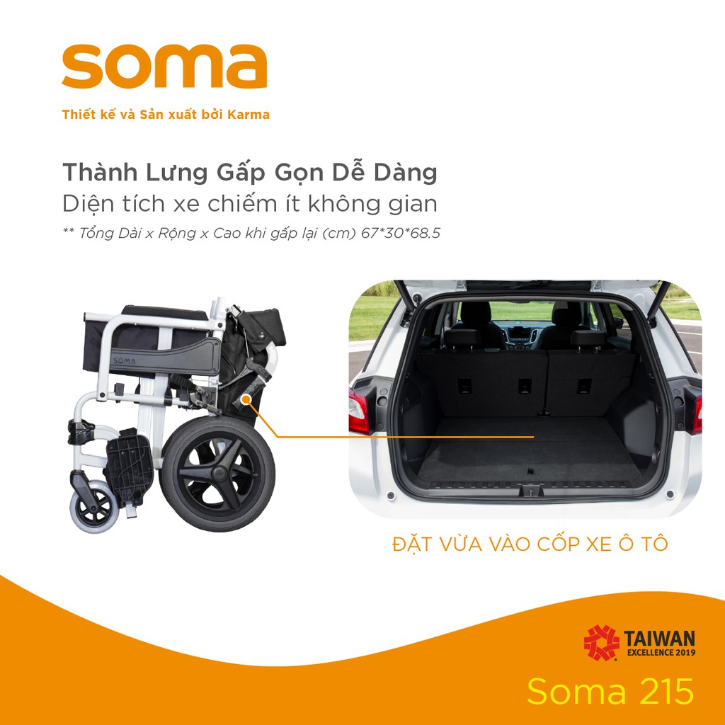 [Chính Hãng KARMA] Xe Lăn SOMA 215 Gọn Nhẹ Chỉ 9.9KG Có Thiết Kế Hỗ Trợ Sang Xe An Toàn