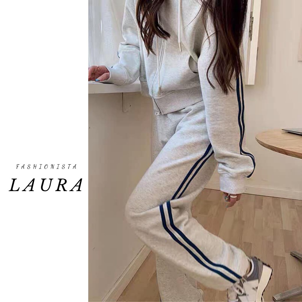 Set áo khoác nỉ dài tay 3 sọc kèm quần dài bo ống Laura Boutique - Set áo khoác quần thụng kẻ sọc xám năng động | BigBuy360 - bigbuy360.vn