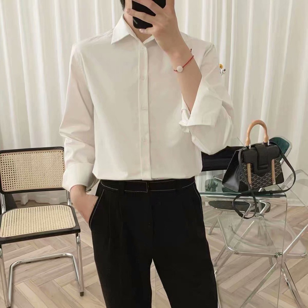 Áo Sơ Mi Nam Dài Tay Màu Trắng Đen Phong Cách Hàn Quốc