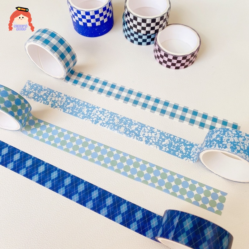 Băng keo họa tiết caro xanh dương dùng để tự trang trí sổ tay thẻ ảnh tại nhà