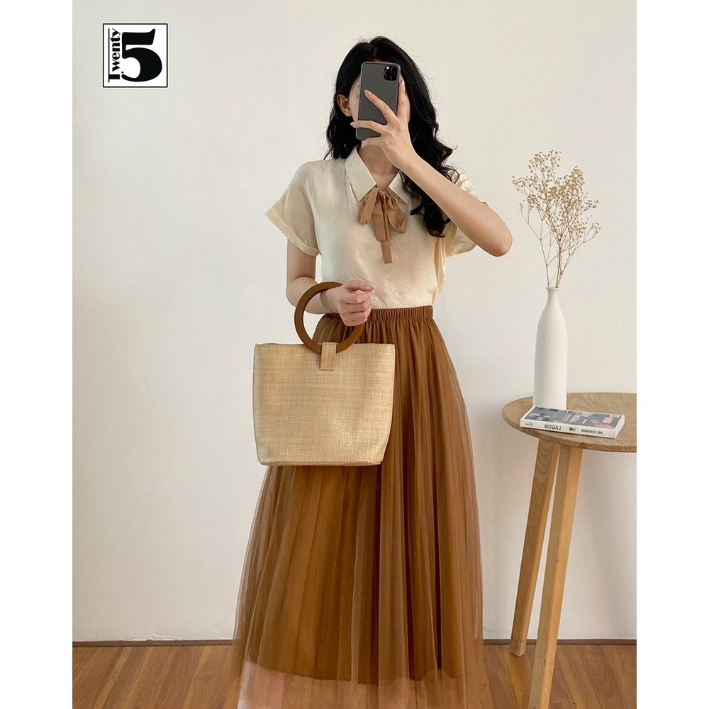 Áo sơ mi nữ cổ đức tay liền buộc nơ cổ Twentyfive M1107