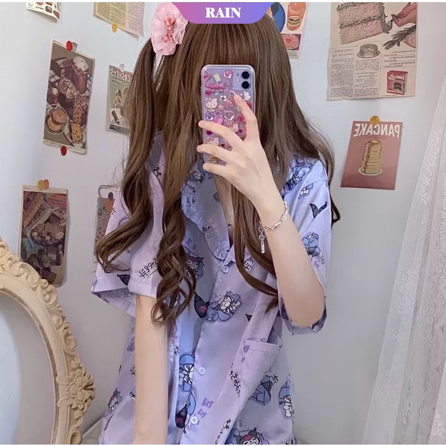SANRIO Bộ Đồ Ngủ Tay Ngắn In Họa Tiết Hoạt Hình Dễ Thương Cho Nữ