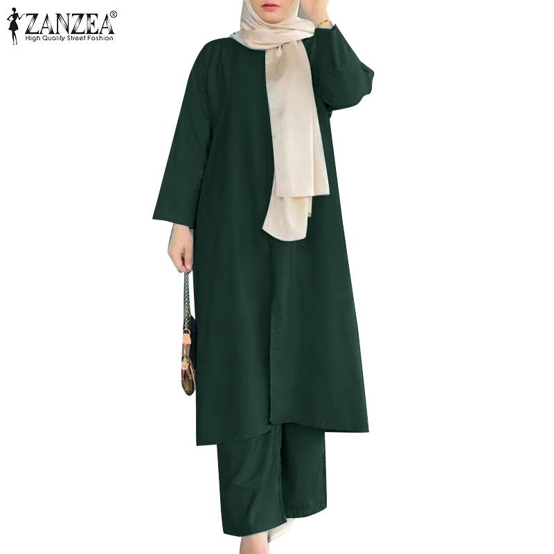 Bộ đồ Hồi Giáo ZANZEA dáng rộng cổ tròn tay dài xẻ tà màu trơn thời trang cho nữ