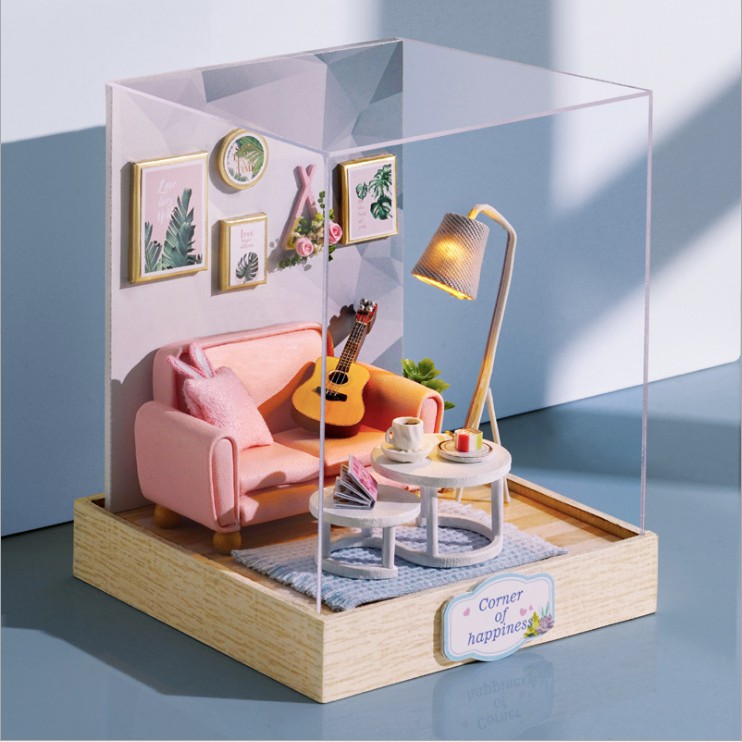 Mô hình nhà DIY Doll House Corner Of Happiness Kèm Mica chống bụi, Bộ dụng cụ và Keo dán