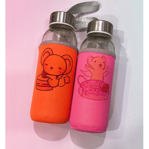 Bình nước kero CCS thuỷ tinh có dây xách BNVI17 chai nước hoạt hình bọc vải cute dễ thương 350ml