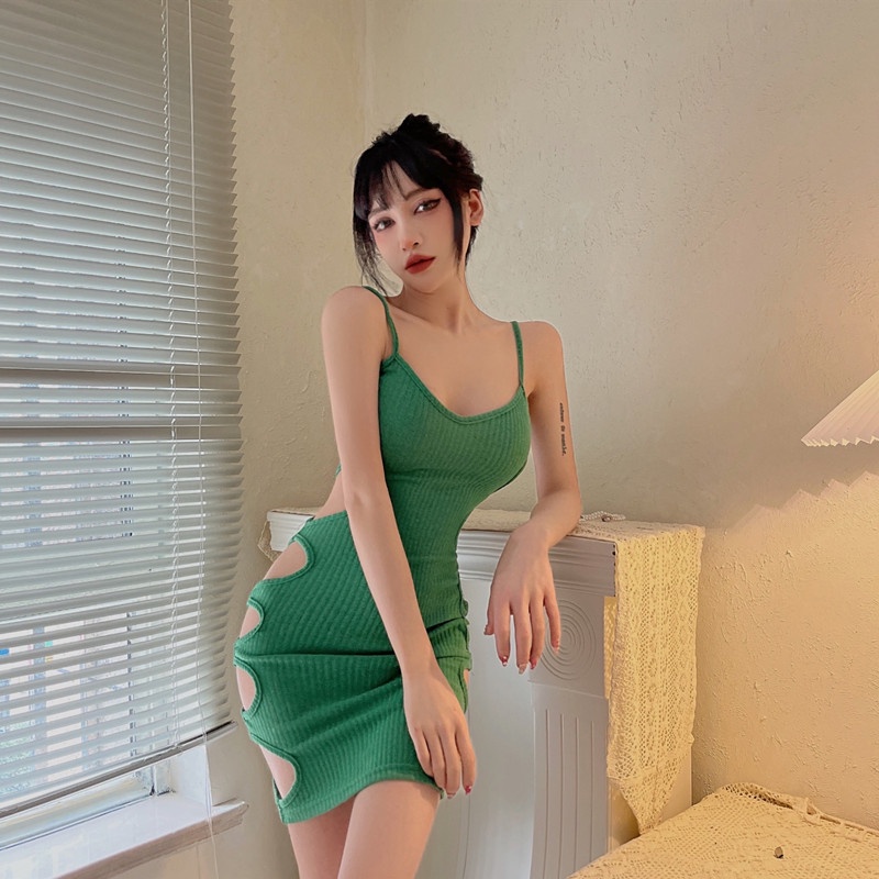 ~ Green Hollow hole sexy nightclub short waistcoat slim hip strap dress for women 0q2S