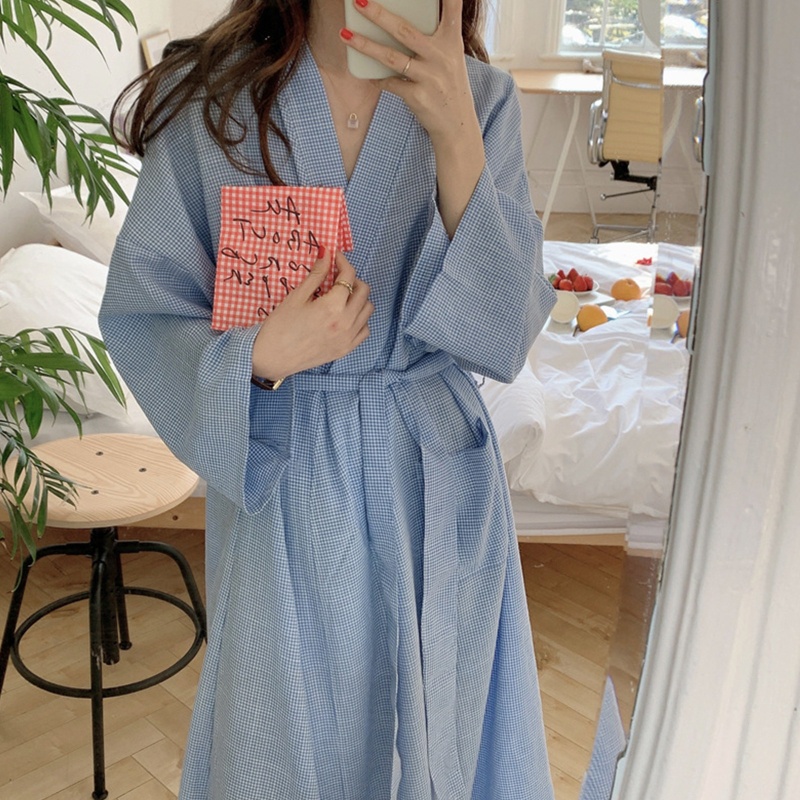 Áo Choàng Tắm Tay Dài Cổ Chữ V Có Túi Trước In Họa Tiết Kẻ Sọc Dáng Rộng Thời Trang Cho Nữ