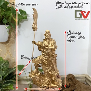 Tượng thờ Quan Công cầm đao - tượng đá trang trí phong thủy Quan Công quà tặng - Cao 23cm - Màu nhũ đồng