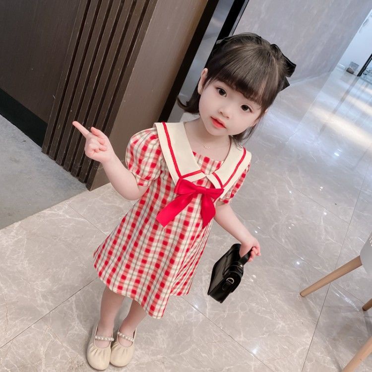 Đầm công chúa tay ngắn họa tiết sọc caro thời trang mùa hè phong cách Hàn Quốc mới cho bé gái