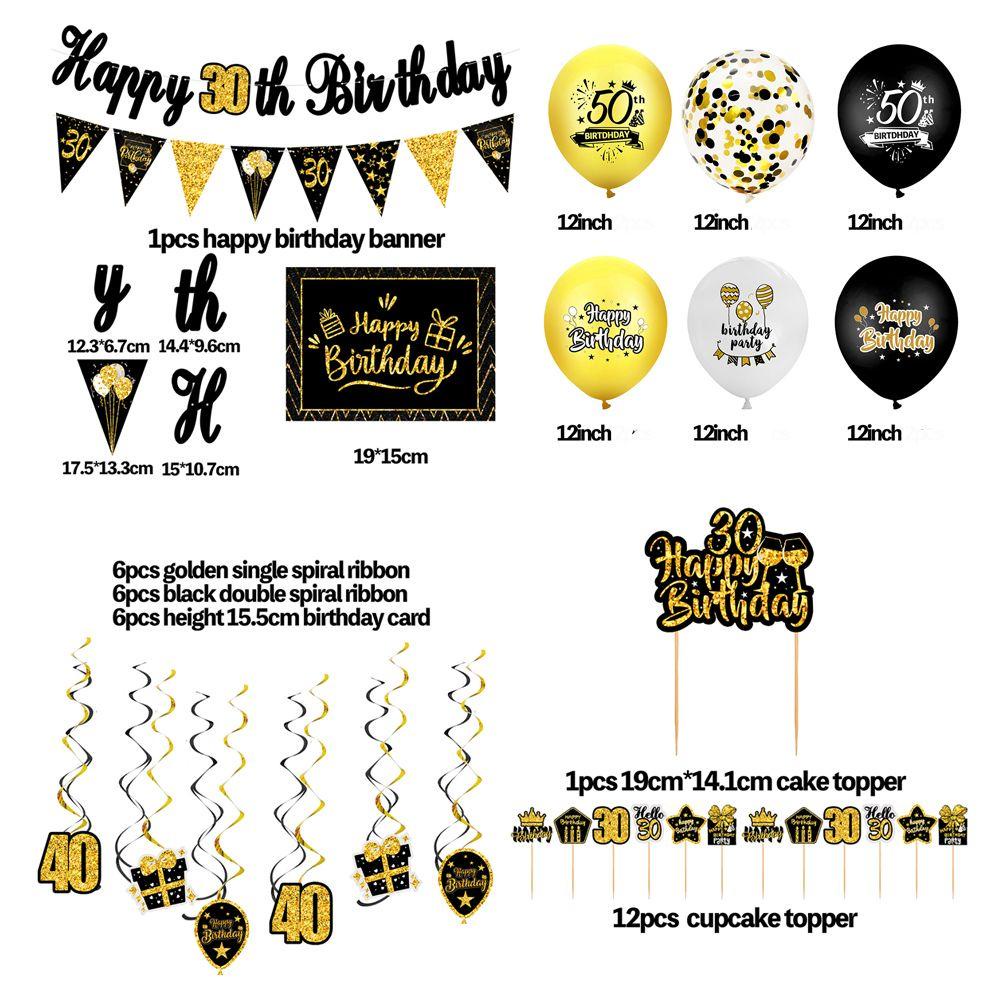 LEISURE Bộ Bong Bóng Và Chữ Happy Birthday Màu Vàng Đen Dùng Trang Trí Bánh Kem Sinh Nhật
