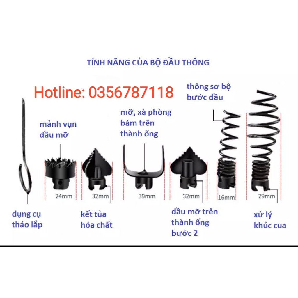 bộ 6 đầu thông tắc cống và 1 đầu kết nối máy khoan,dây lò xo.