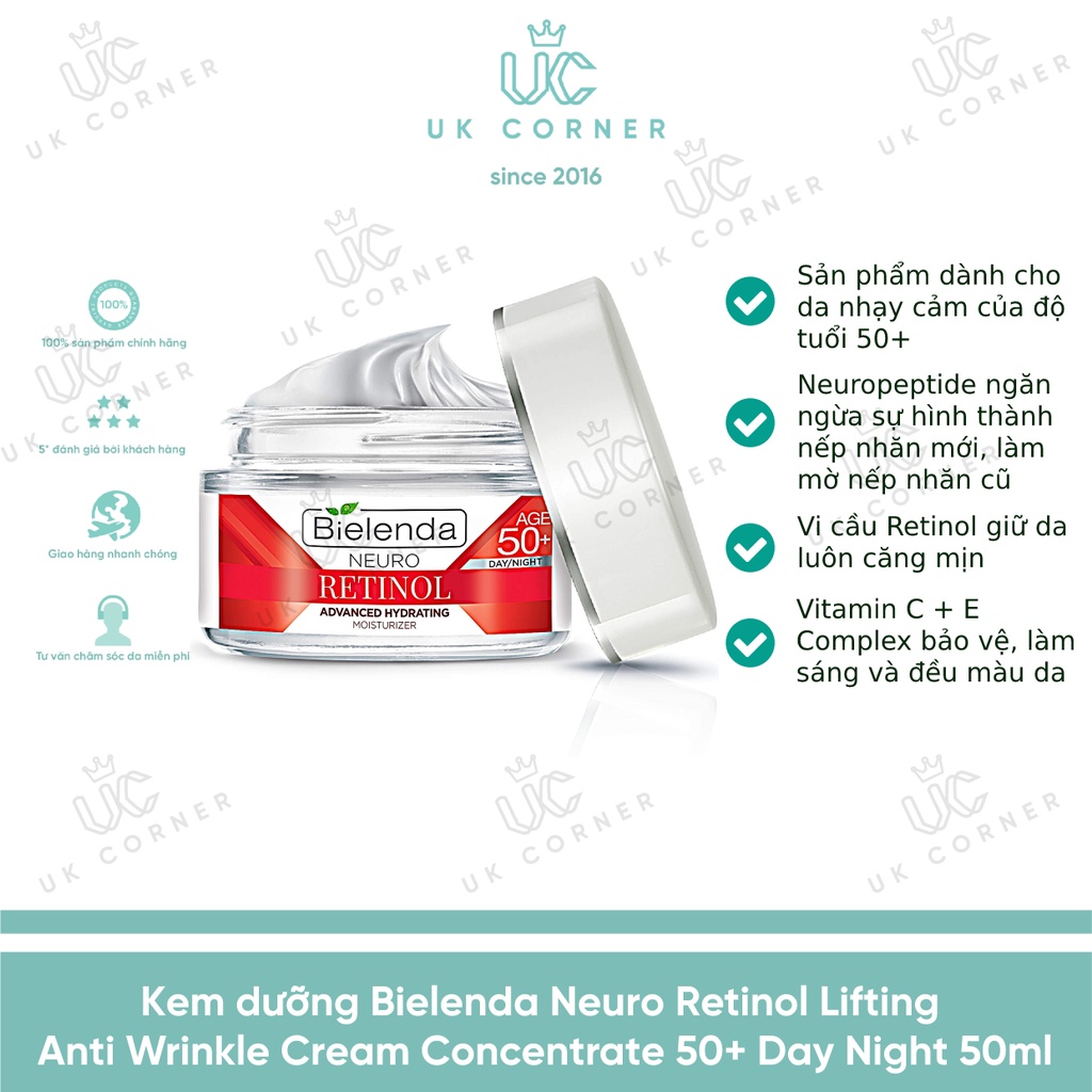 [Bill UK] Kem dưỡng Bielenda Neuro Retinol Lifting Anti Wrinkle Cream Concentrate 50+ Day Night 50ml