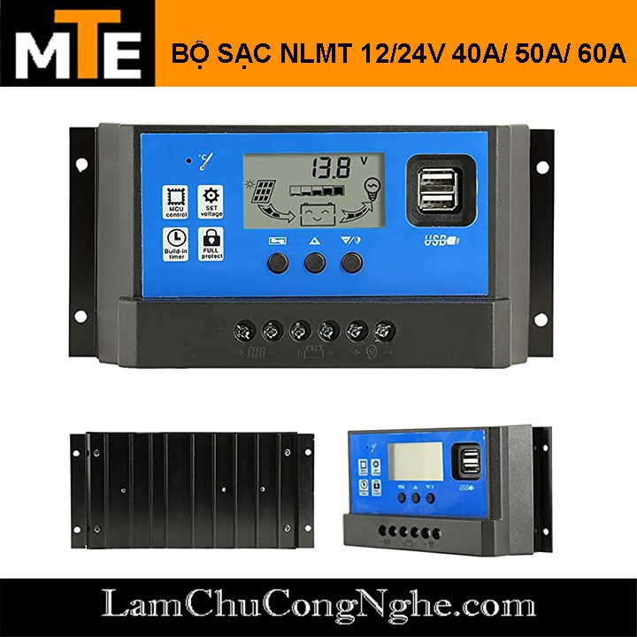 Mới! Bộ điều khiển sạc acquy từ năng lượng mặt trời NLMT tự động 12V 24V 10-40A có hiển thị LCD + sạc điện thoại từ USB