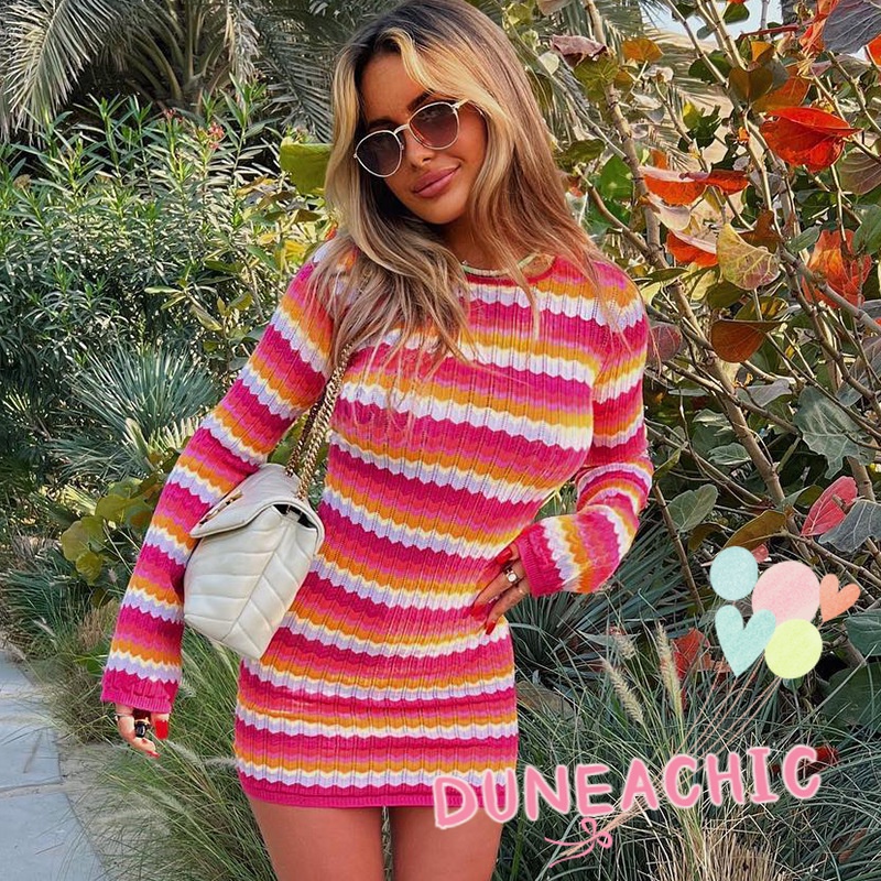 DUNEA Đầm Tay Dài Cổ Tròn Hở Lưng Họa Tiết Kẻ Sọc Thời Trang Cho Nữ