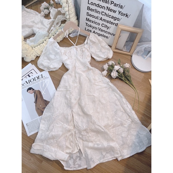 ĐẦM HOA NỔI TAY BỒNG CHÉO DÂY CỘT CỔ MIDI KEM