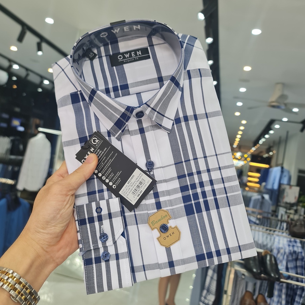 Áo sơ mi nam dài tay OWEN AR23385D somi công sở vải sợi tre cao cấp màu trắng kẻ caro navy dáng suông tà lượn không túi
