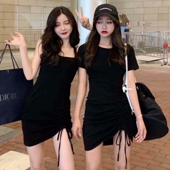 Đầm ôm 2 dây/cổ tròn dây rút lai quyến rũ | BigBuy360 - bigbuy360.vn