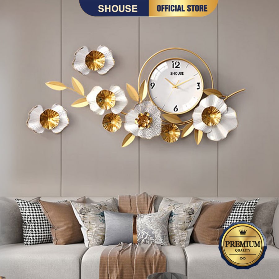 Đồng Hồ Treo Tường Trang Trí kim trôi DK decor đẹp quartz hoa mai vàng cỡ lớn 3d phòng khách