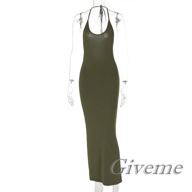 GIVEME-Women Sleeveless Halter Neck Dress, Solid Color Backless Tie-Up Bodycon One-Piece, Low-Cut Long Cocktail Party Dress
