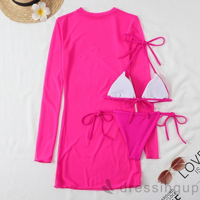 Bộ Đồ Bơi Bikini Cổ Yếm Màu Trơn Phối Quần Lọt Khe Xuyên Thấu Quyến Rũ Cho Nữ