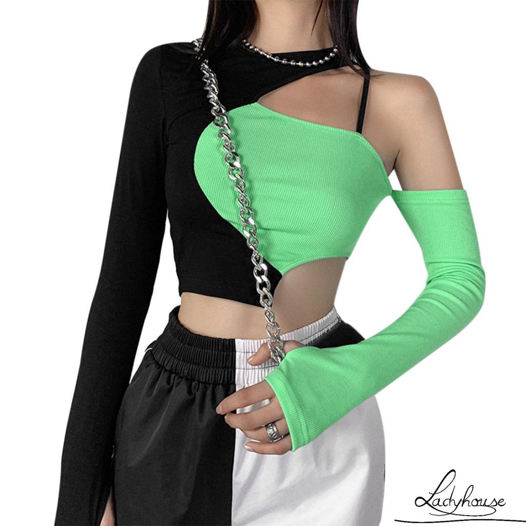 Áo Thun Tay Dài Lệch Vai Màu Sắc Tương Phản Dành Cho Nữ