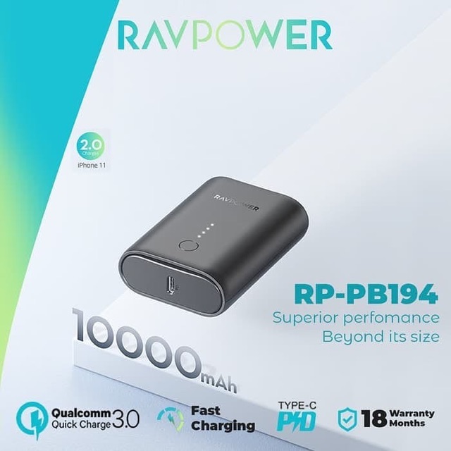 [Mã 254ELSALE giảm 7% đơn 300K] Pin sạc dự phòng Siêu Nhỏ RAVPower RP-PB194 10000mAh PD 3.0 18W &amp; QC 3.0 18W