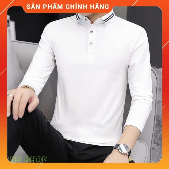 Áo polo nam mặc thu đông tay dài, cổ bẻ sọc viền trẻ trung năng động