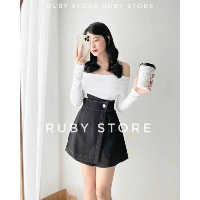 Set áo bẹt vai tay dài len kèm chân váy viền chỉ xịn xò