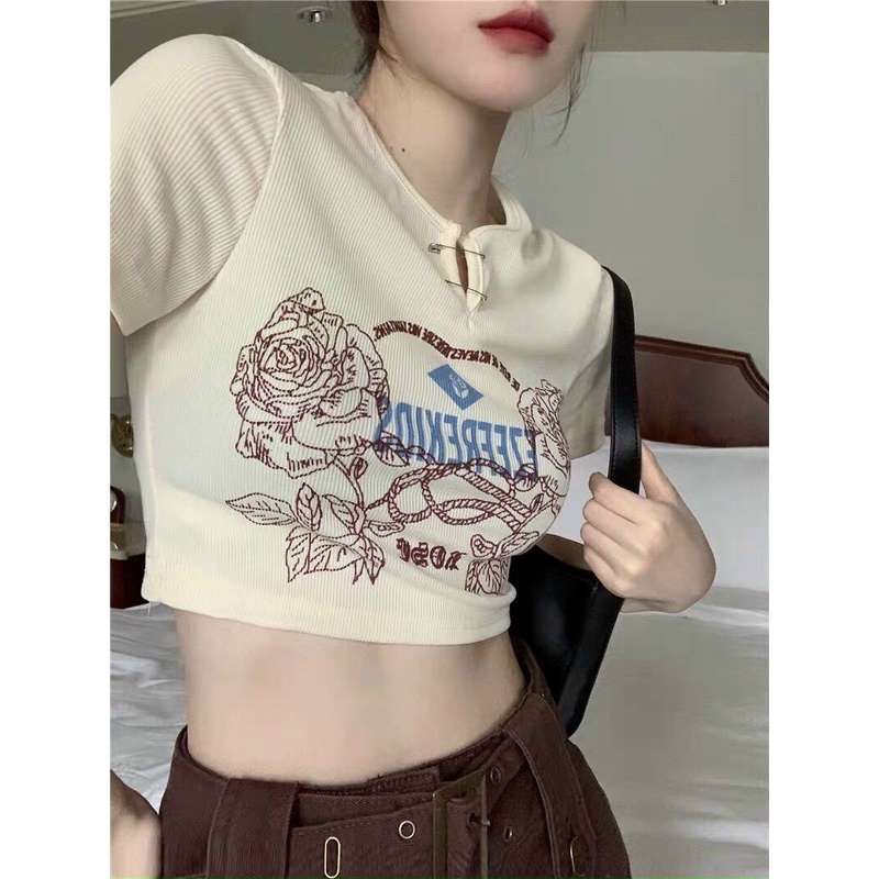 ÁO CROPTOP KIỂU LỬNG NỮ CỔ TRÒN XẺ KIM BĂNG NGẮN TAY IN HOA HỒNG MÀU TRẮNG CO GIÃN TÔN DÁNG SIÊU THỜI TRANG