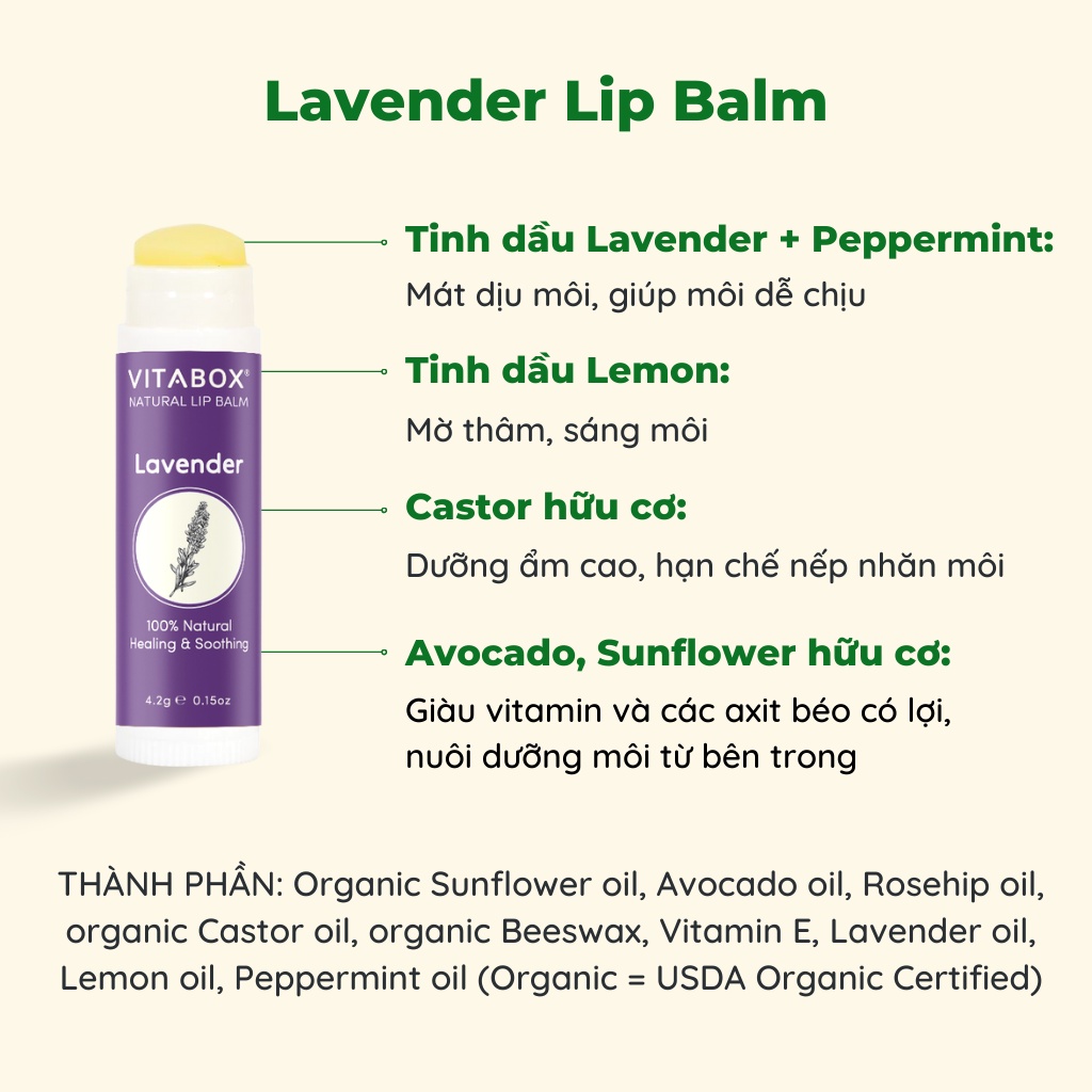 Son dưỡng không màu VITABOX Lip Balm giúp môi ẩm mềm hồng hào, dùng lâu không thâm môi, cho mẹ bầu trẻ em nam giới