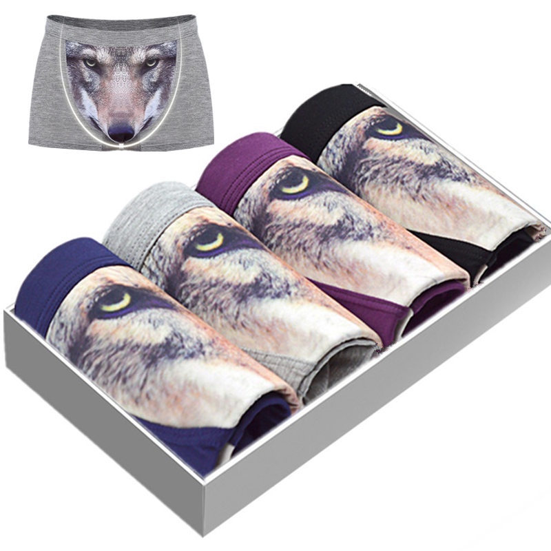 Set 4 Quần Lót Boxer 4 Trong 1 In Hình Sói Cho Nam