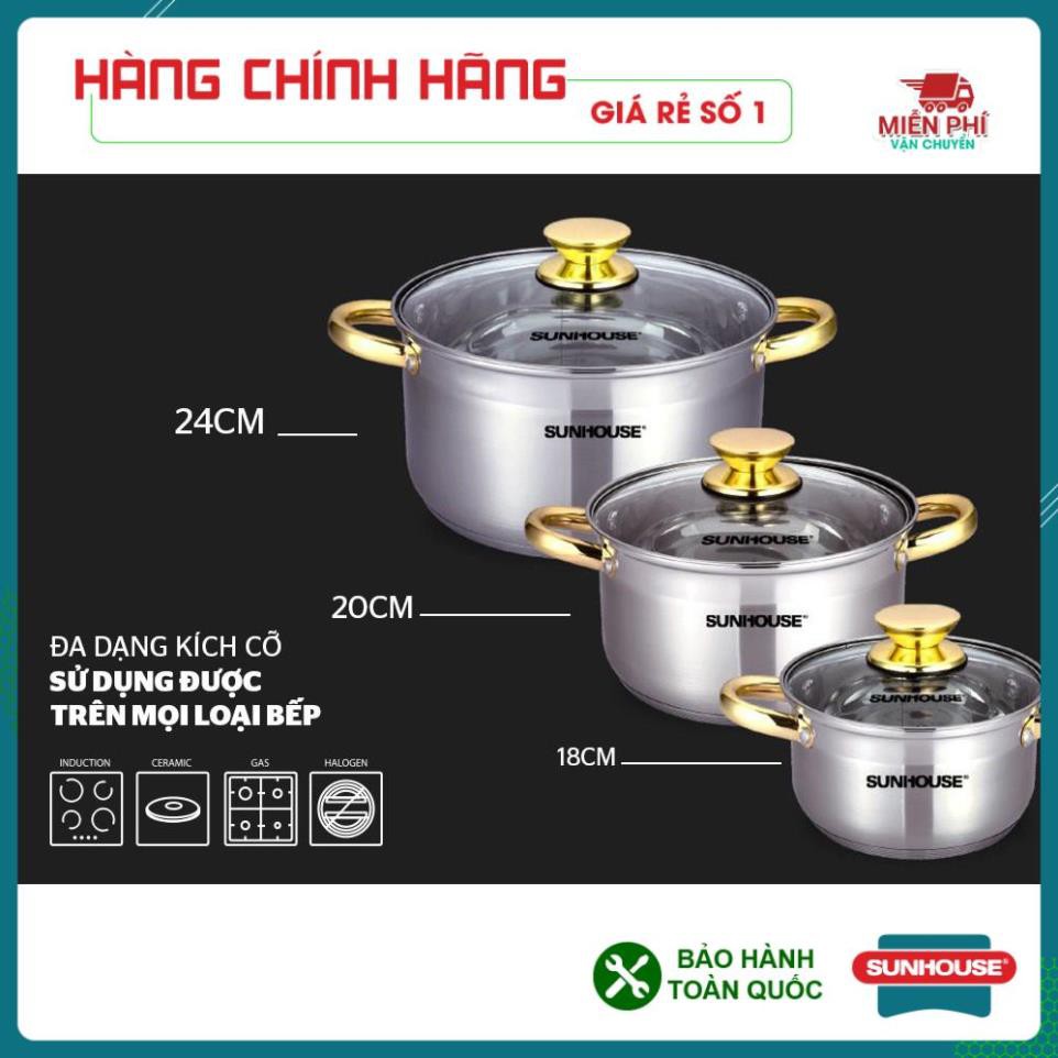 Bộ nồi Sunhouse SH781, Bộ nồi inox SH781, 5 đáy dùng cho bếp từ, 3 nồi kích thước: 16cm, 20cm, 24cm. Phù hợp với mọibeep