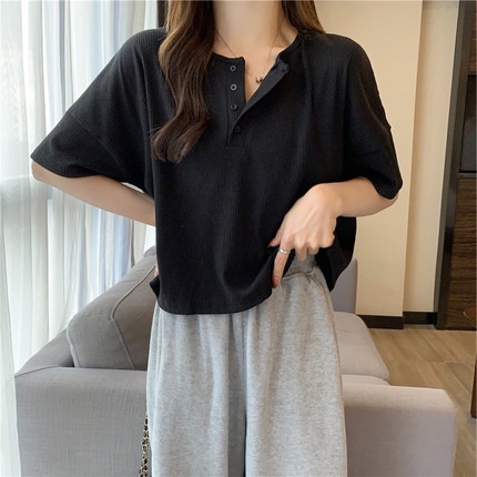 Áo Thun Croptop Dáng Rộng Ngắn Tay Màu Trơn Gài Nút Phong Cách Hàn Quốc Thời Trang Dành Cho Nữ 2022