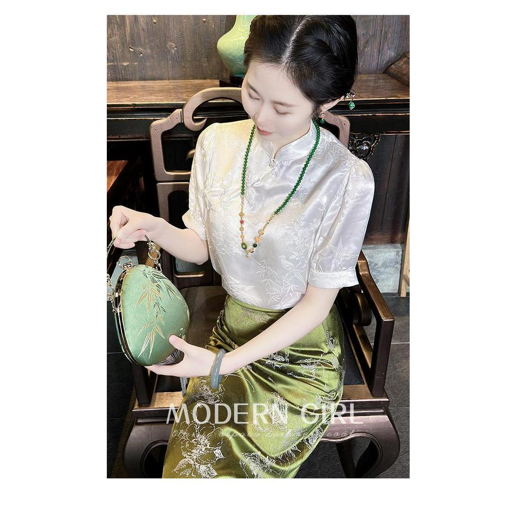 Áo Sơ Mi Chiffon Cổ Đứng Tay Ngắn Thời Trang Mùa Hè 2023 Phong Cách Cổ Điển Dành Cho Nữ