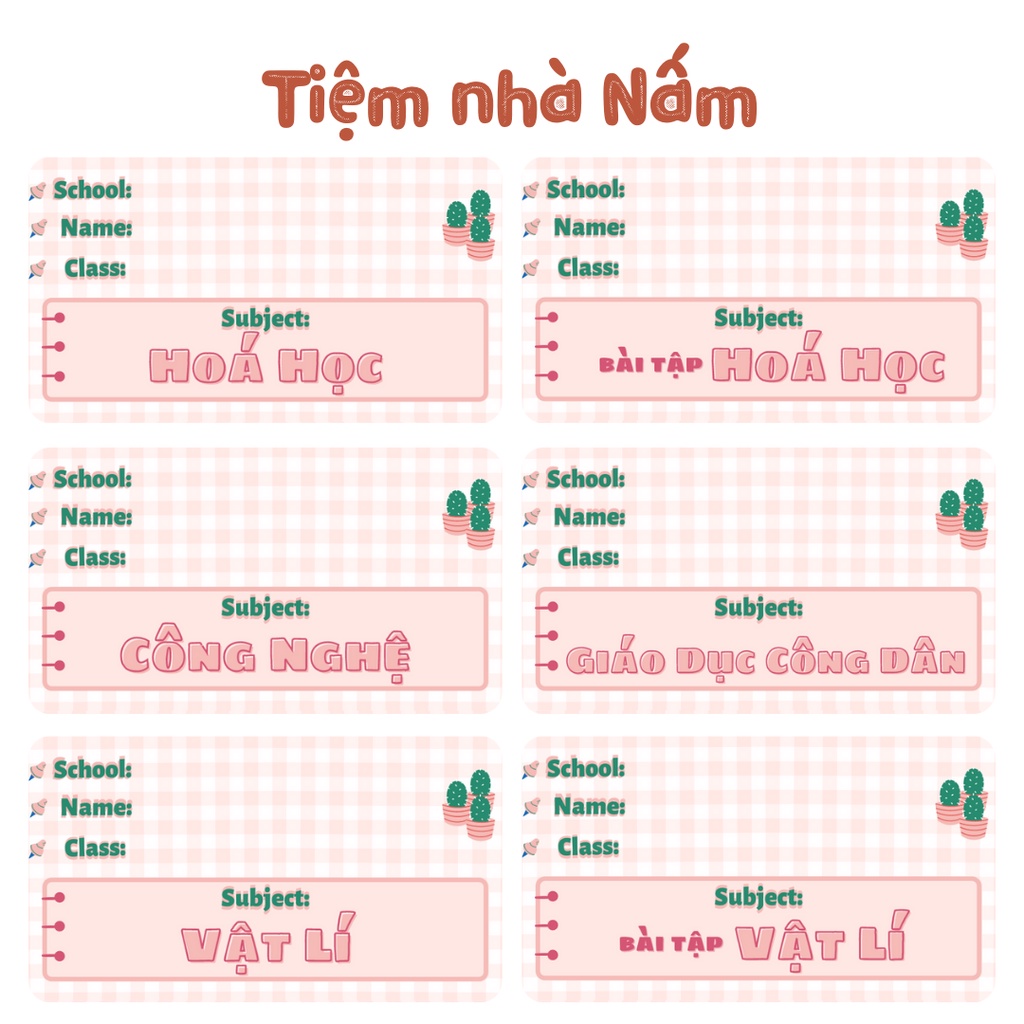 Combo Nhãn Vở Thiết Kế Theo Tên Môn Học, Caro Hồng