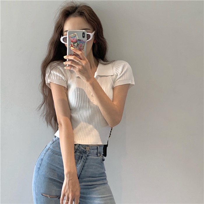 Áo thun nữ IHKKE dáng ôm tay ngắn cổ polo thời trang