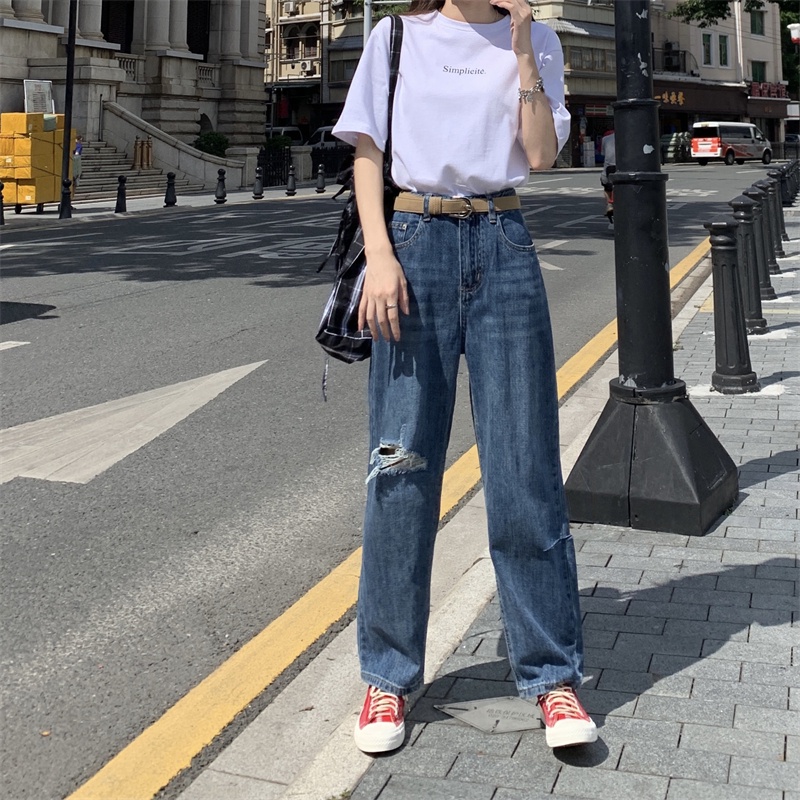 Quần Jean Lưng Cao Form Rộng Thiết Kế Xẻ Rách Cá Tính