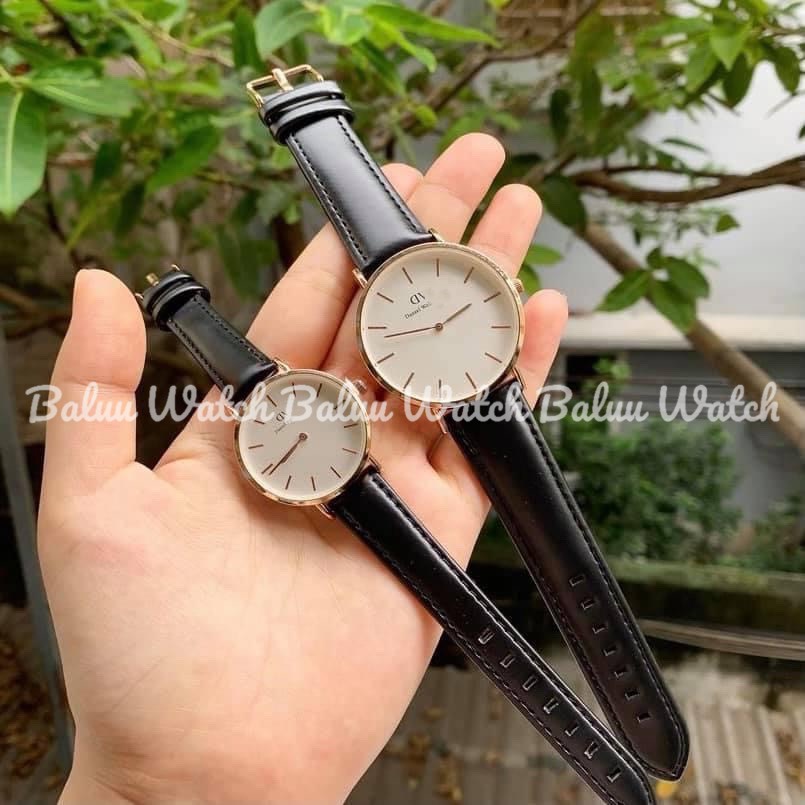 Đồng hồ kim nam nữ mặt trắng dây da đen