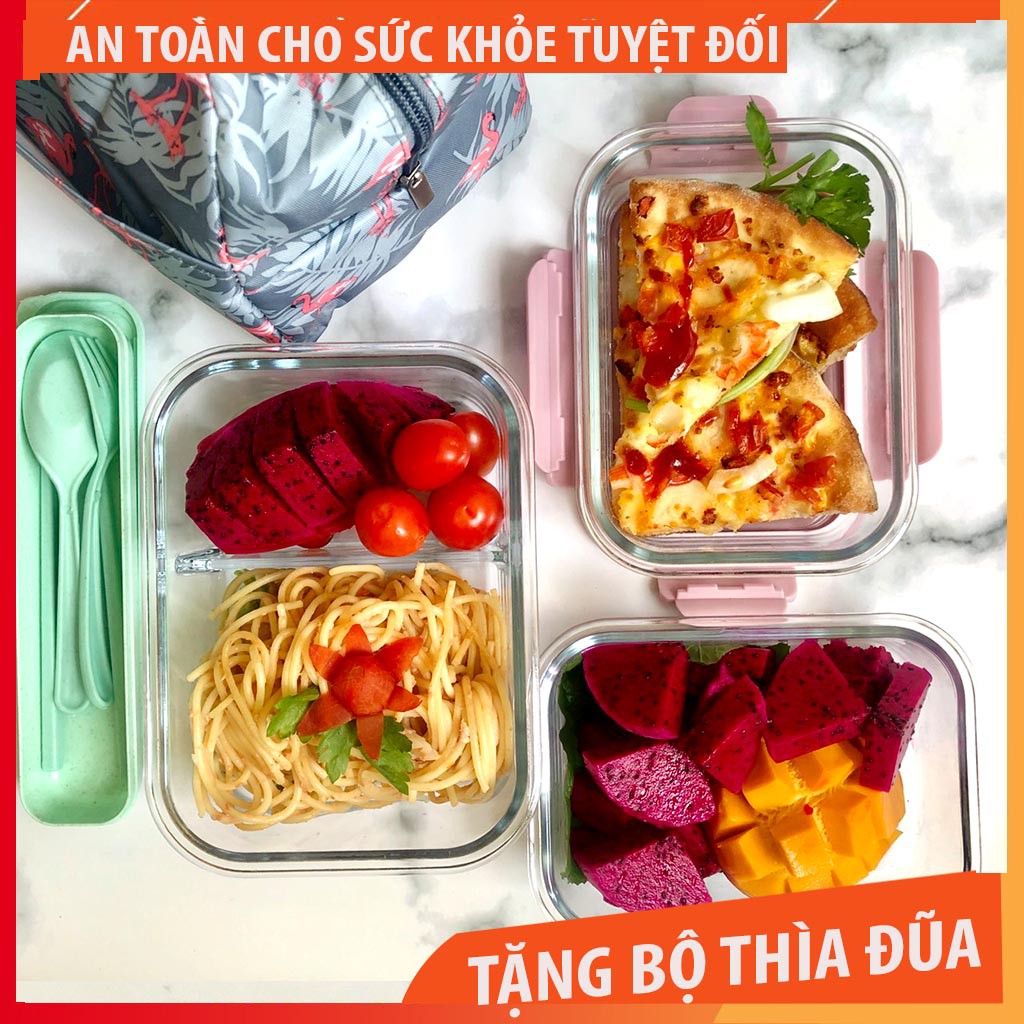 Bộ hộp cơm thuỷ tinh [ Tặng bộ đũa thìa + túi giữ nhiệt ] 1 hộp chia 2 ngăn và  1 hộp lớn 1 ngăn | BigBuy360 - bigbuy360.vn