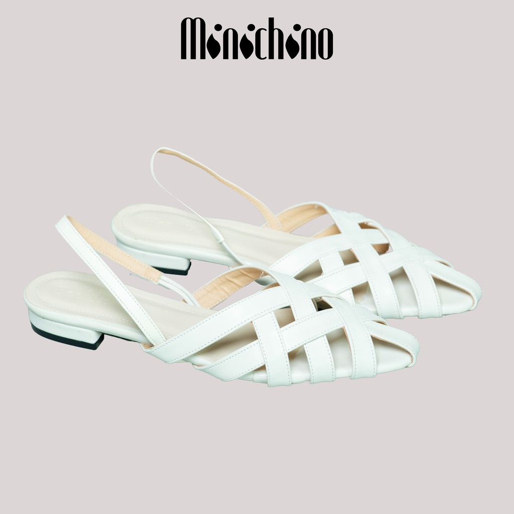 Giày sandal nữ gót cao 1,5cm MINICHINO giày búp bê nữ dáng slingback da mờ mũi nhọn hở gót phối dây màu trắng TC039