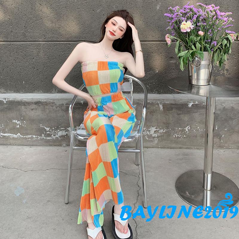 Set Đồ 2 Món Áo Không Tay Không Dây + Quần Ống Rộng Lưng Thun Co Giãn Cho Nữ