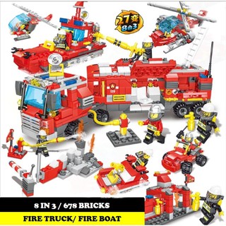 Bộ đồ chơi lắp ráp xe cứu hỏa lớn, thuyền máy bay cứu hỏa 8 trong 3