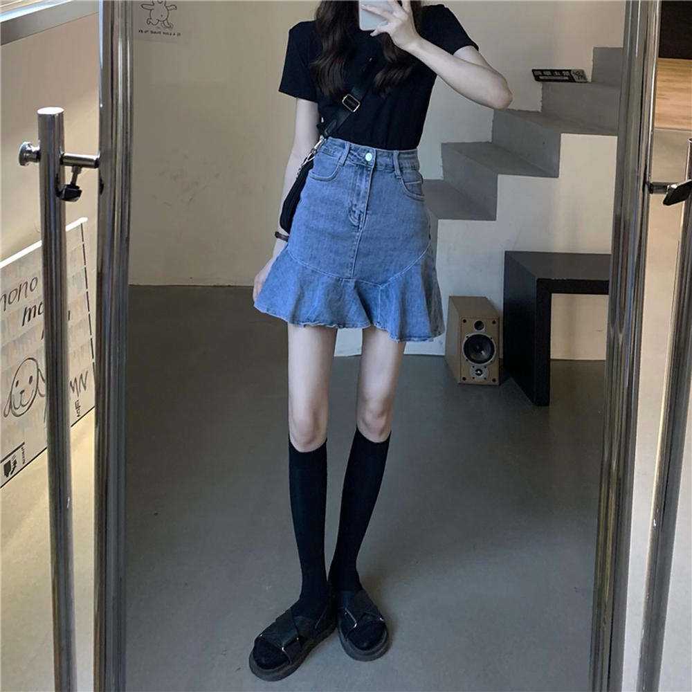 Chân Váy Denim Lưng Cao Dáng Chữ A Phong Cách Retro 50301