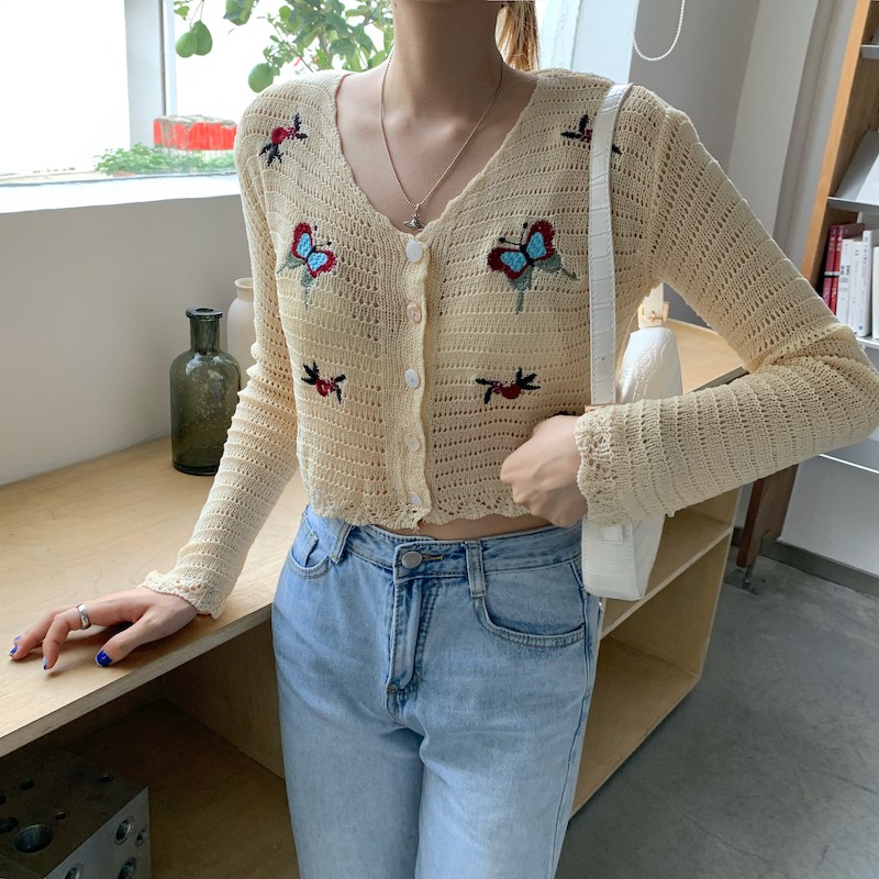 Áo Len Dài Tay Thêu Hình Bướm Phong Cách Hàn Quốc Dành Cho Nữ
