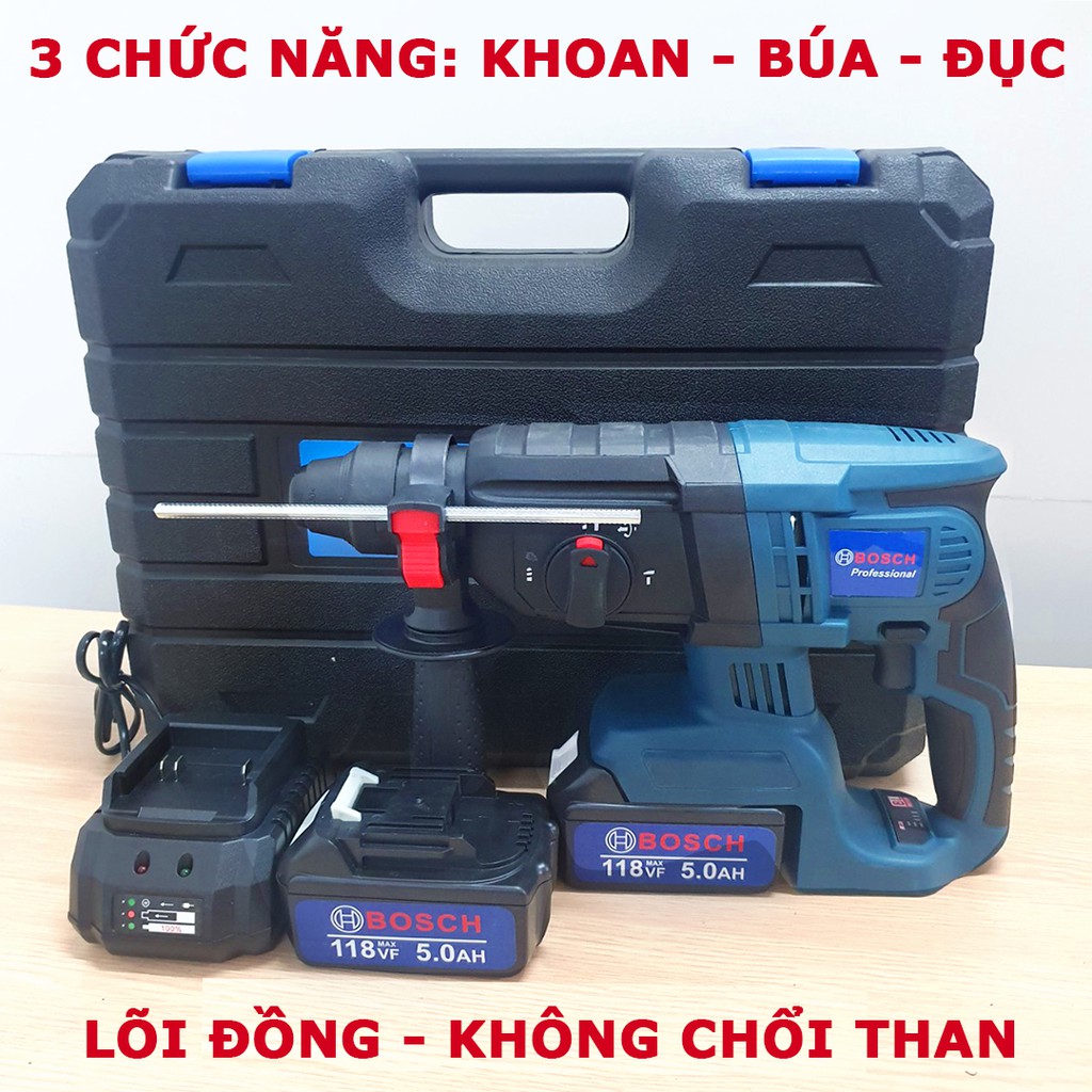 Máy khoan bê tông dùng pin 118V BOSH Cao Cấp FULL BOX 2 PIN chuẩn 10 cell- Máy khoan bê tông 3 chức năng không chổi than