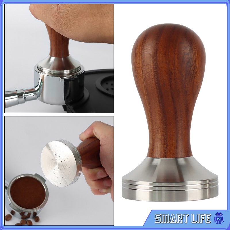 [Smart Life 🔑]Stainless Steel Coffee Tamper Barista Espresso Coffee Bean Press Tool w/Wooden Handle Flat Base