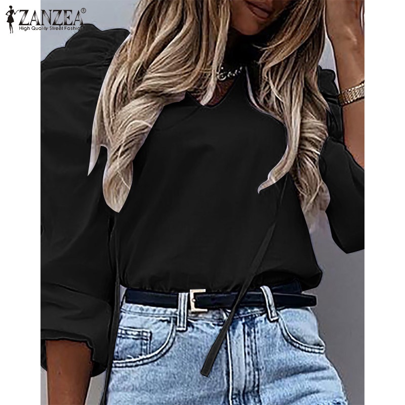 Áo kiểu Zanzea tay dài phồng thiết kế cổ chữ v thắt dây thời trang thanh lịch cho nữ