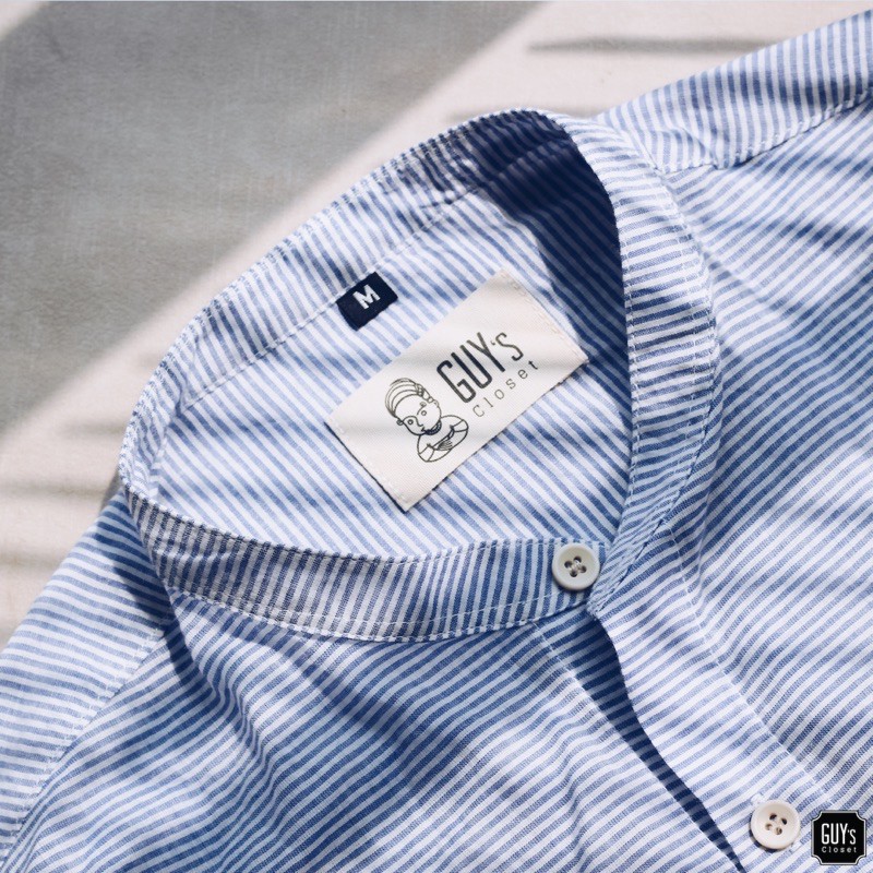 [HÀNG THIẾT KẾ] Áo sơ mi Breeze GUY's Closet, Cổ trụ, Họa tiết kẻ sọc xanh, Chất liệu cotton tháng mát | BigBuy360 - bigbuy360.vn